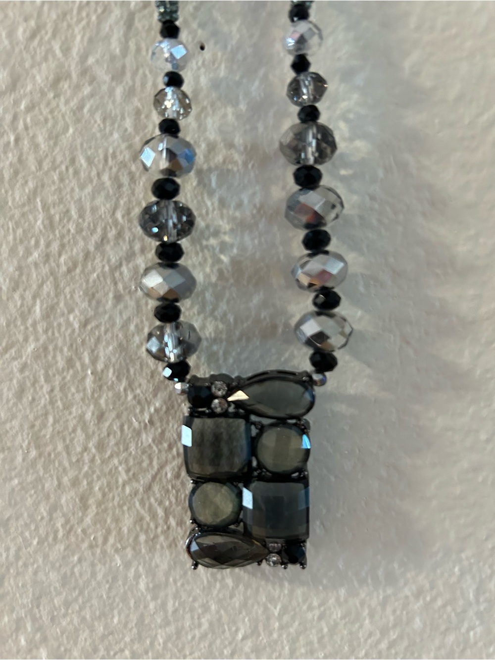 Long Multi Strand Beaded Geometric‎ Pendant Necklace Grey Black Faceted Stones